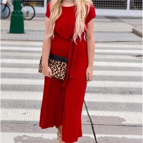 Maeve Anthropologie Grier Jumpsuit Red Crepe Rayon Cap Sleeves Tie Front Size 2P - Picture 3 of 13